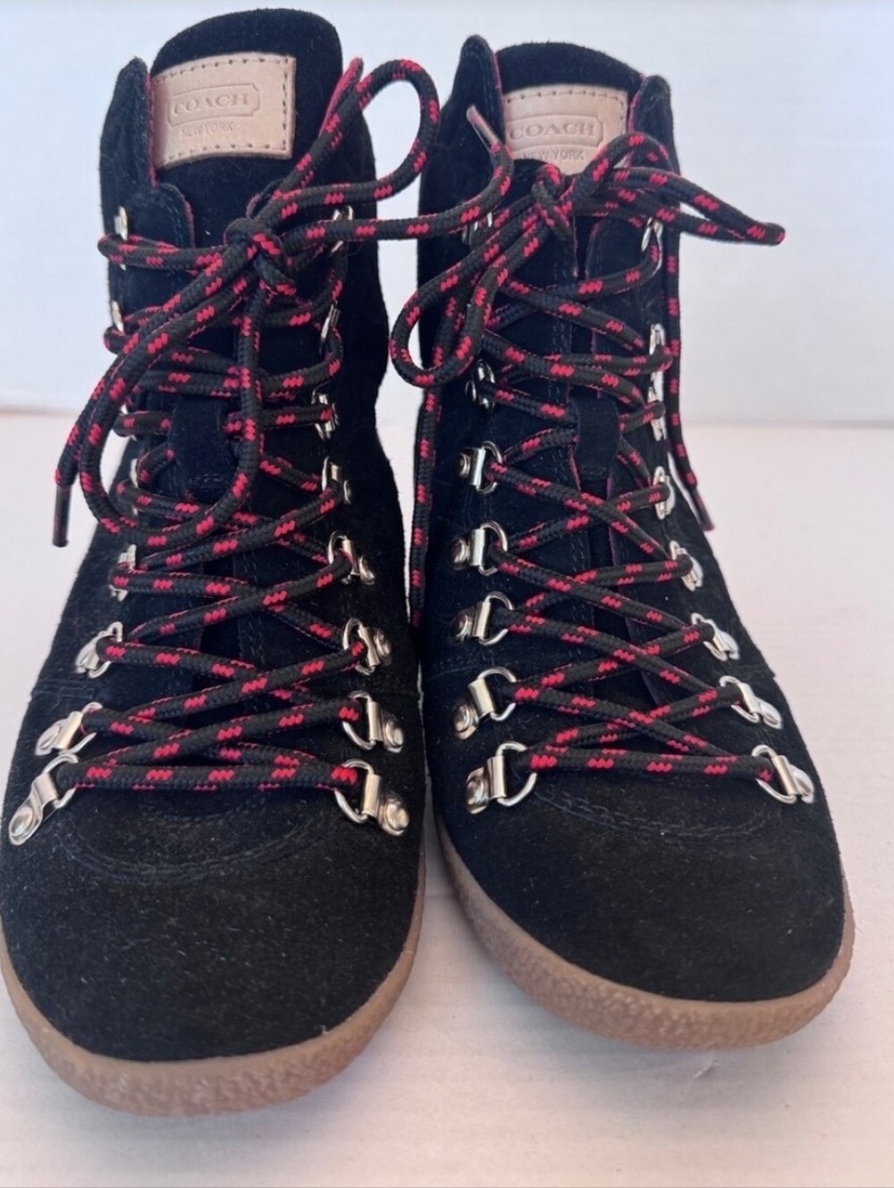Coach "Noelle" Urban Hiker Suede Hidden Wedge Sneakers - Black & Red, Size 38